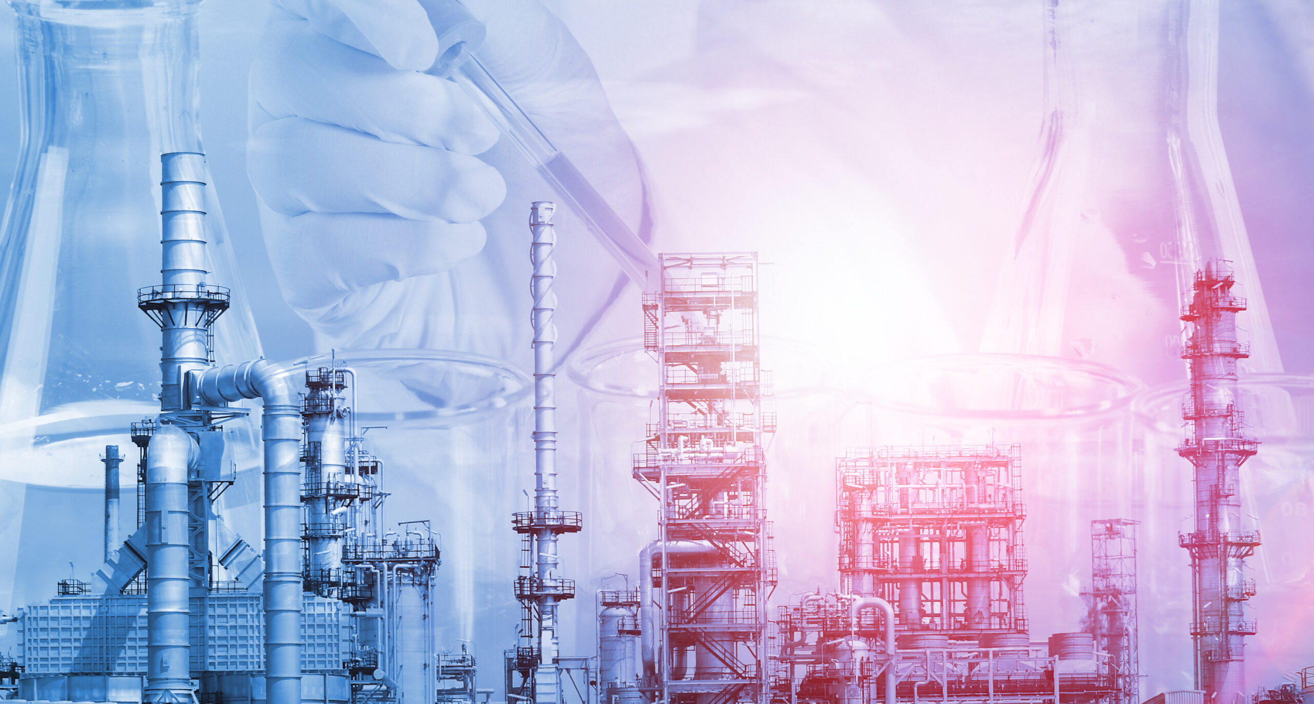 Petrochemical oil refinery with Flask in scientist hand with dropping liquid to test tube