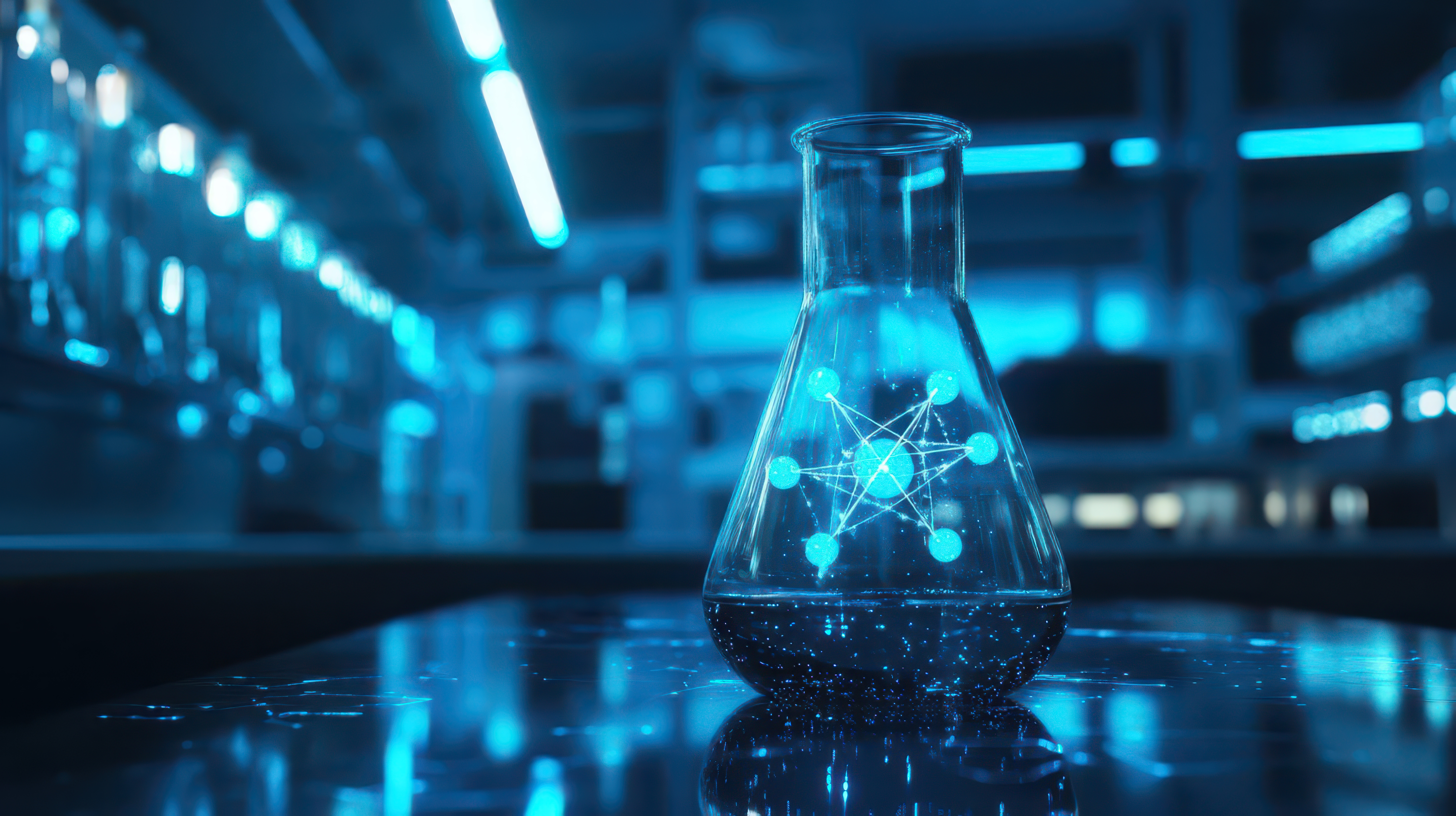 glowing lowpoly test tube and atom model in ethereal blue laboratory